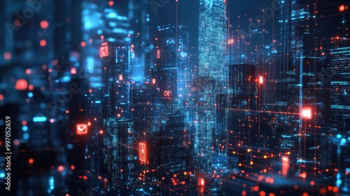 Wallpaper Mural Night cityscape with illuminated web network and blockchain technology connecting people online . Concept Cityscape, Illuminated, Web Network, Blockchain Technology, Online Connectivity Torontodigital.ca