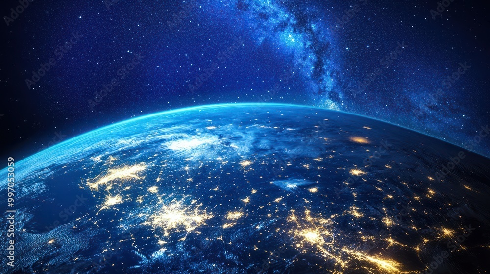Obraz premium Photo of Planet Earth and its Satellites at night from space - North America connected to the rest of the world, technology, global community and futuristic communication system concept.