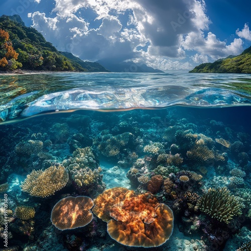 A breathtaking underwater view of a coral reef with lush green mountains in the background. The surface of the ocean is split in half, revealing the vibrant colors of the coral below.