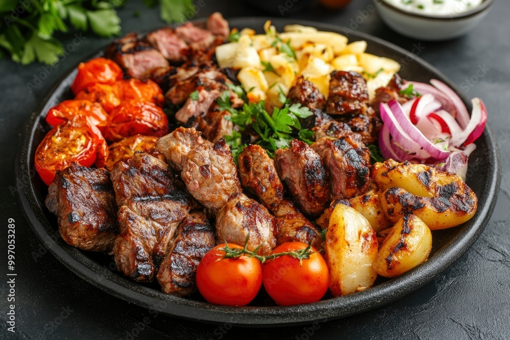 Grilled plate mix assortment meat - generative ai Grilled plate mix assortment meat - generative ai