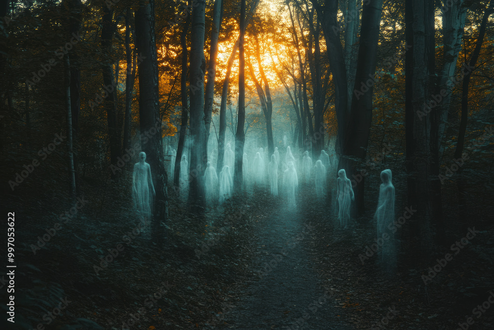 Obraz premium Mysterious forest at dusk with ghostly figures emerging through the trees and a glowing sunset in the background