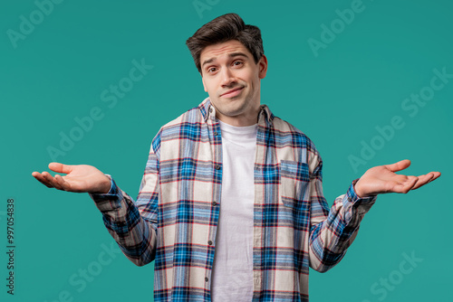 Εκτύπωση καμβά Ignorant mature 30s man, shoulders up - can't help,makes I dont know on blue