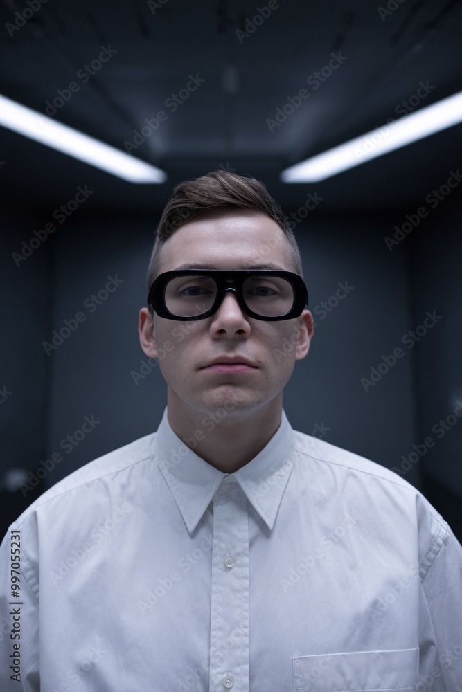 The Man with the Glasses: A young man with a serious expression, sporting thick black glasses, stands in a stark, minimalist setting. The image conveys focus, intelligence. The Man with the Glasses: A young man with a serious expression, sporting thick black glasses, stands in a stark, minimalist setting. The image conveys focus, intelligence.