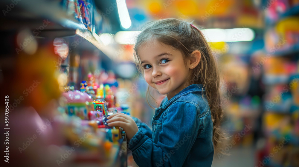 little girl with a smile on his face in a toy store looking at toys with interest little girl with a smile on his face in a toy store looking at toys with interest