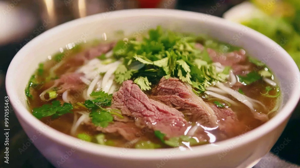 A delicate bowl of Vietnamese pho, with fresh herbs, tender beef slices, and rice noodles floating in aromatic broth, promising a rich taste. A delicate bowl of Vietnamese pho, with fresh herbs, tender beef slices, and rice noodles floating in aromatic broth, promising a rich taste.