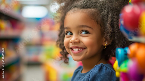 little girl with a smile on his face in a toy store looking at toys with interest