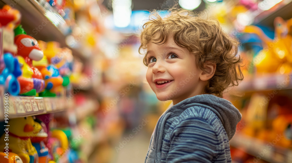little boy with a smile on his face in a toy store looking at toys with interest little boy with a smile on his face in a toy store looking at toys with interest
