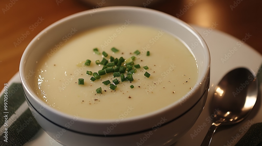 A serving of hearty potato leek soup, creamy and smooth, garnished with fresh chives, perfect for providing comfort and strength during challenging times A serving of hearty potato leek soup, creamy and smooth, garnished with fresh chives, perfect for providing comfort and strength during challenging times