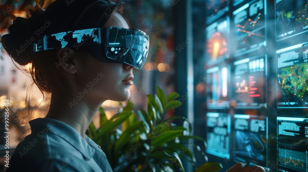 A woman using futuristic VR goggles in a tech-enhanced environment, interacting with digital displays and immersive visuals. A woman using futuristic VR goggles in a tech-enhanced environment, interacting with digital displays and immersive visuals.