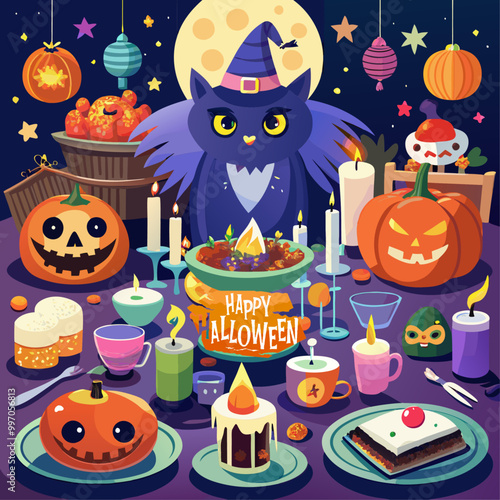A Halloween horror terrifying pumpkin with a wallpaper background banner that glows and emits smoke.