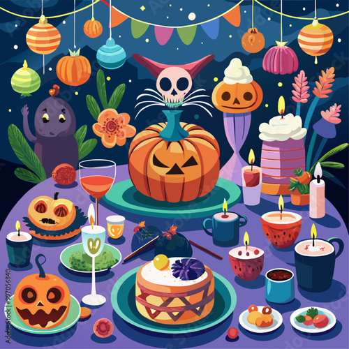 A terrifying Halloween pumpkin with glowing lights and smoke that serves as a banner for a wallpaper background.