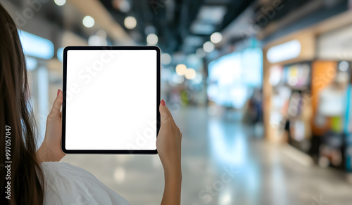 Person Holding Digital Tablet with Blank Screen in Modern Urban Setting design