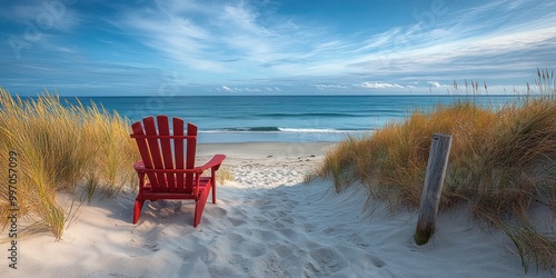 Rhode Island beach with soft sand dunes, tall grass, and a weathered fence. Red, white, and blue chair overlooks the calm sea and coastline. Perfect for travel, nature and Americana-themed Background