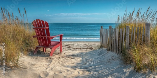 Rhode Island beach with soft sand dunes, tall grass, and a weathered fence. Red, white, and blue chair overlooks the calm sea and coastline. Perfect for travel, nature and Americana-themed Background