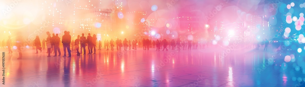 A vibrant, abstract scene depicting silhouettes of people against a colorful, blurred background of lights and reflections. A vibrant, abstract scene depicting silhouettes of people against a colorful, blurred background of lights and reflections.