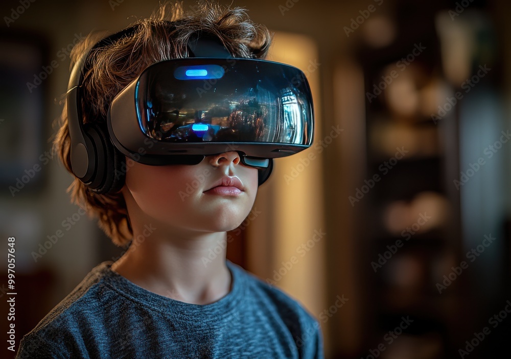 Young boy experiences immersive virtual reality adventures at home while wearing a headset and enjoying educational games Young boy experiences immersive virtual reality adventures at home while wearing a headset and enjoying educational games