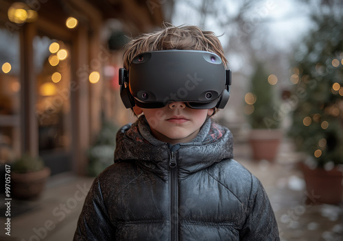 A young boy plays immersive games at home while wearing a virtual reality headset, exploring new worlds and stories in his living room photo