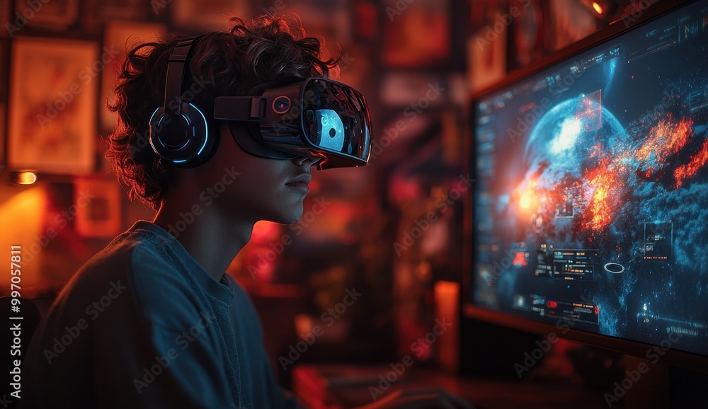 Young man immersed in virtual reality while gaming at his computer surrounded by colorful fantasy illustrations Young man immersed in virtual reality while gaming at his computer surrounded by colorful fantasy illustrations