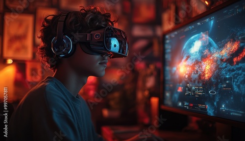 Young man immersed in virtual reality while gaming at his computer surrounded by colorful fantasy illustrations