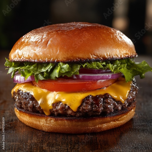 A classic cheeseburger with lettuce, tomato, and onion on a sesame seed bun. photo