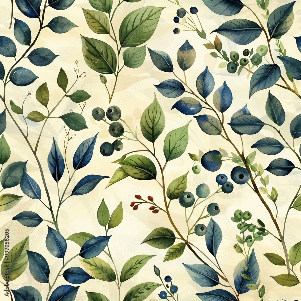 Botanical and plant pattern on a pastel green watercolor background. Generative AI Botanical and plant pattern on a pastel green watercolor background. Generative AI