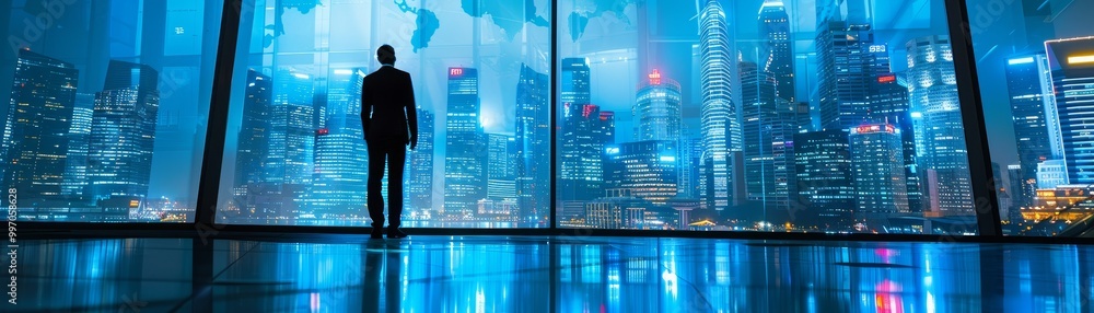 A silhouette of a person gazes out at a futuristic cityscape, illuminated by vibrant blue lights, creating a dramatic and immersive atmosphere. A silhouette of a person gazes out at a futuristic cityscape, illuminated by vibrant blue lights, creating a dramatic and immersive atmosphere.