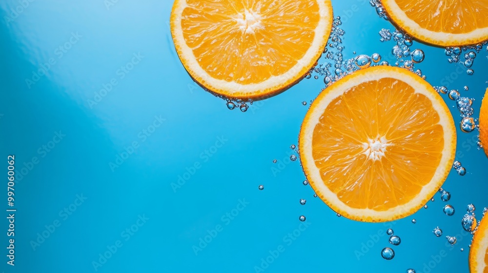 Bright orange slices gracefully float against a vivid blue backdrop, showcasing the refreshing appeal of juicy fruit. The contrast highlights each slice's vibrant color and texture Bright orange slices gracefully float against a vivid blue backdrop, showcasing the refreshing appeal of juicy fruit. The contrast highlights each slice's vibrant color and texture