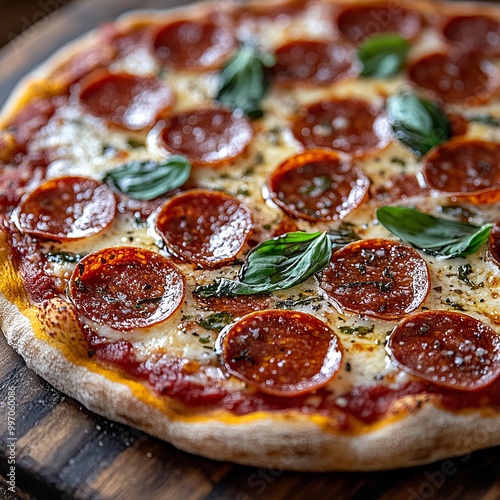 A close-up shot of a pepperoni pizza with basil leaves on a wooden board.