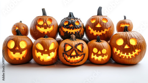 A group of carved pumpkins with lit candles inside.