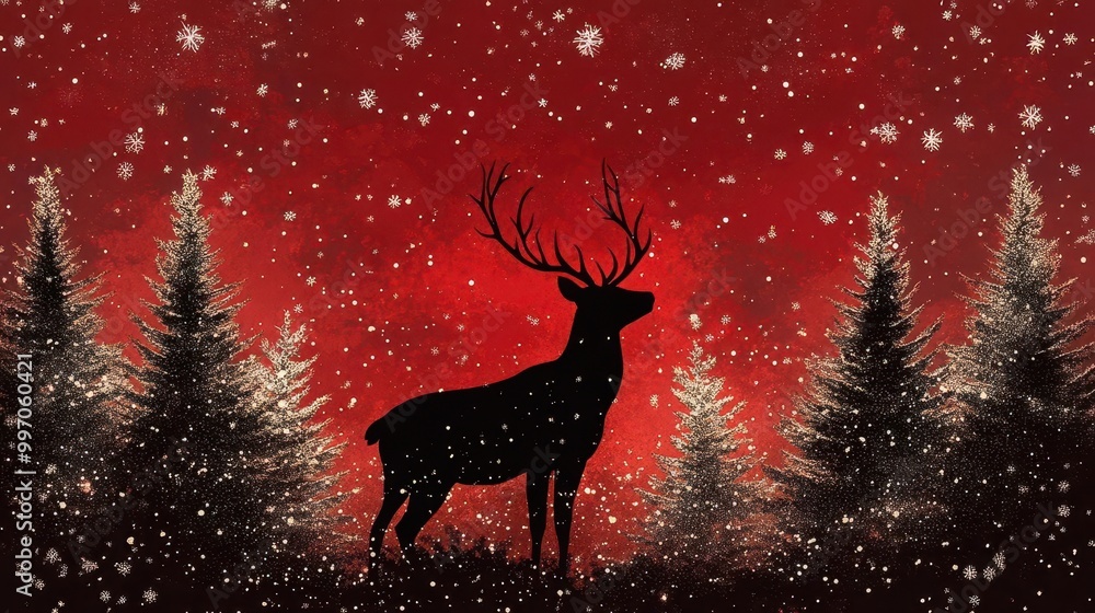 Christmas reindeer silhouette in red and black, snow-covered trees, festive background Christmas reindeer silhouette in red and black, snow-covered trees, festive background