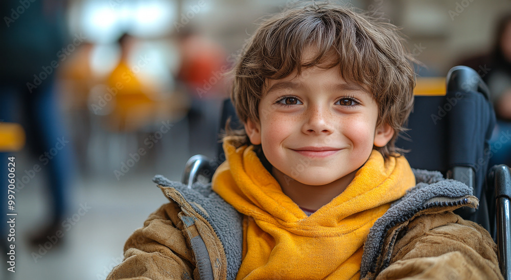 A young boy with a wheelchair is smiling. He is wearing a yellow jacket and a scarf. The scene is set in a public area, possibly a school or a restaurant A young boy with a wheelchair is smiling. He is wearing a yellow jacket and a scarf. The scene is set in a public area, possibly a school or a restaurant