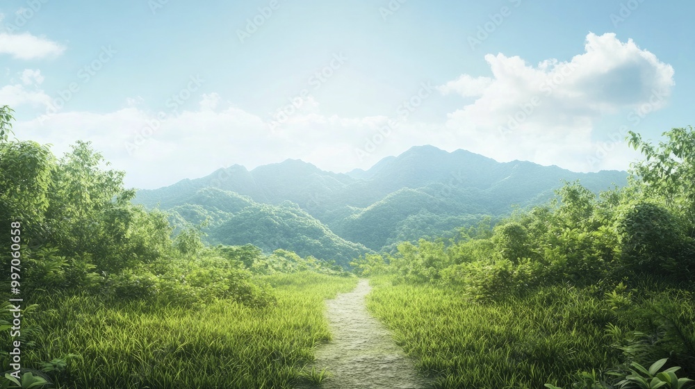 Hiking Experience Planning, scenic mountain trails, set against a lush green background, 3D illustration Hiking Experience Planning, scenic mountain trails, set against a lush green background, 3D illustration