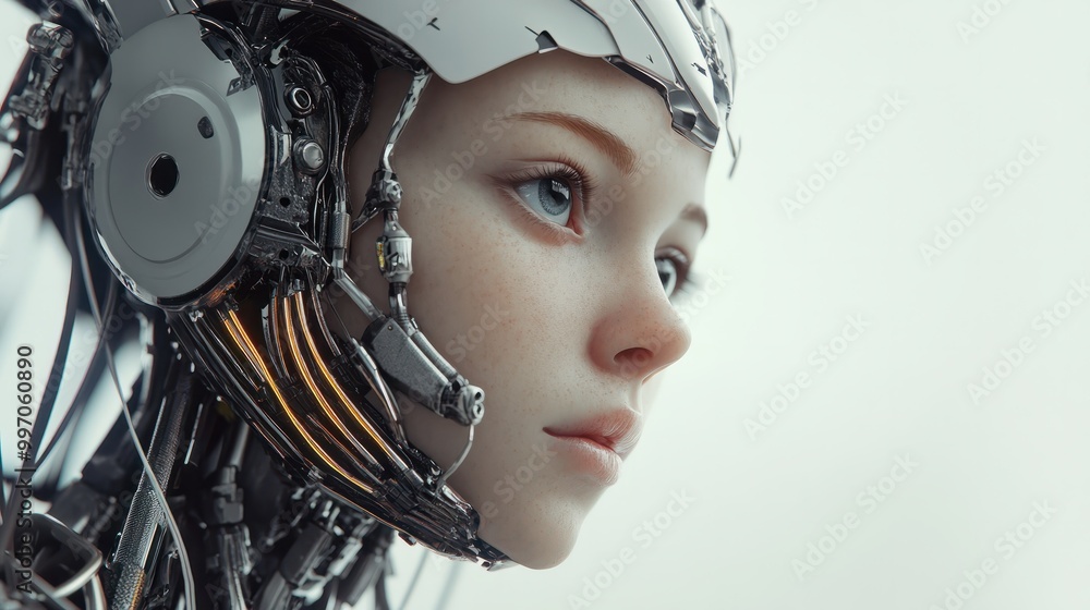 ai generated humanoid cyborg robot girl with metallic skeletons entangled in machine cables ai generated humanoid cyborg robot girl with metallic skeletons entangled in machine cables