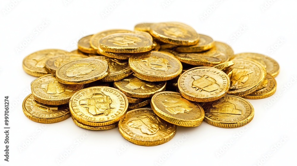 A pile of golden coins is shown in isolation against a white backdrop. A pile of golden coins is shown in isolation against a white backdrop.