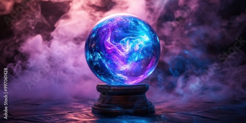 Mystical glowing crystal ball surrounded by ethereal mist in blue and purple hues