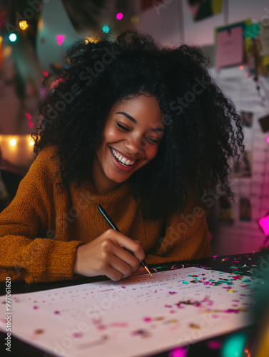 Happy Person Making New Year's Resolutions Surrounded by Festive Decorations