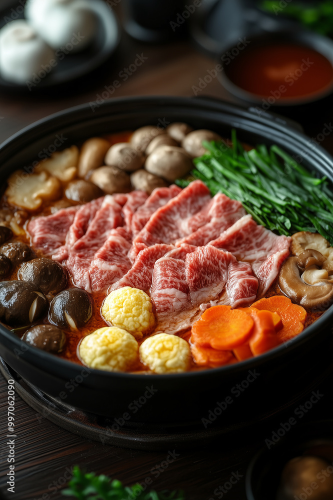 Sukiyaki pot on the table, Asian food consisting of sliced meat and various vegetables boiled together in a pot. Sukiyaki pot on the table, Asian food consisting of sliced meat and various vegetables boiled together in a pot.