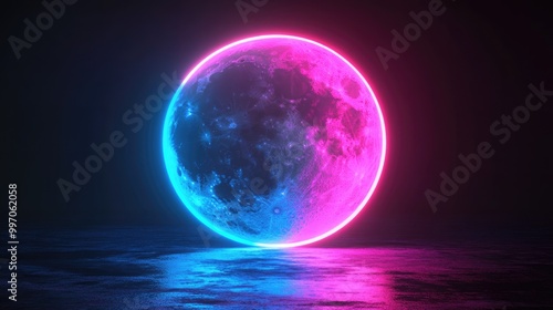 3D Neon Moon Sign. Bright Cyber Technology Symbol in Pink and Blue on Dark Background