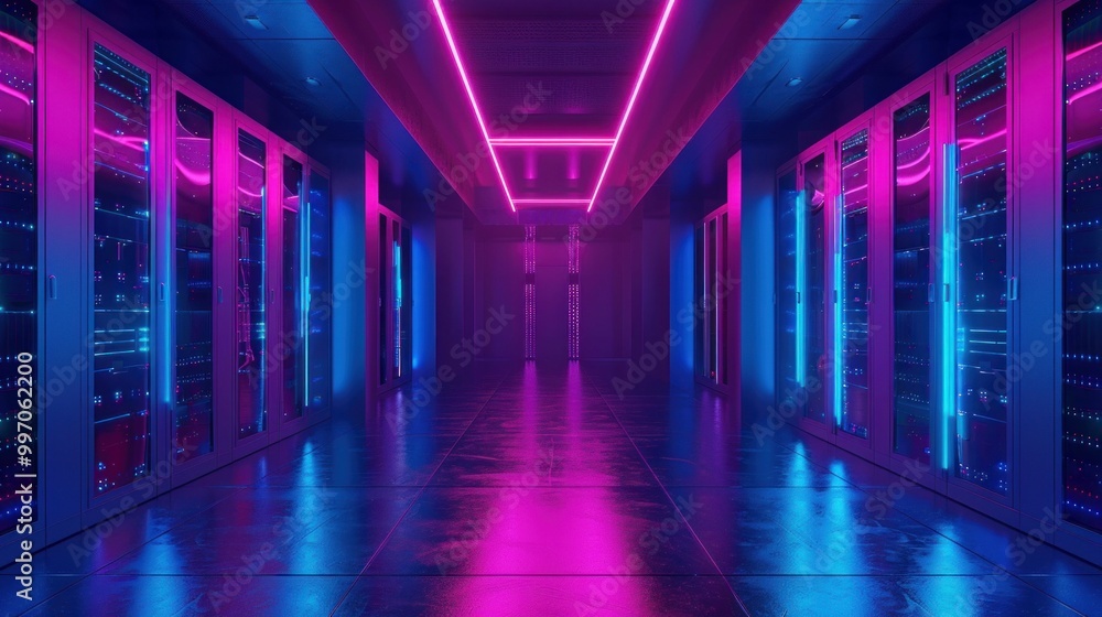 Futuristic data center with neon lights in purple and blue hues, showcasing server racks and a sleek, modern design