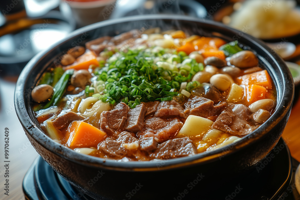 Sukiyaki pot on the table, Asian food consisting of sliced meat and various vegetables boiled together in a pot. Sukiyaki pot on the table, Asian food consisting of sliced meat and various vegetables boiled together in a pot.