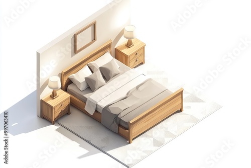 Isometric 3D image of a cozy guest room with a queen-sized bed and nightstands, portrayed from a top-down view on a white background photo