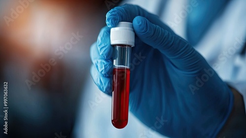 Medical professional holding a blood sample in a laboratory environment.