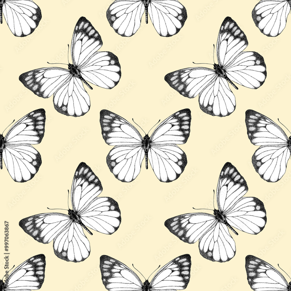 Obraz premium Seamless pattern of realistic butterfly. Hand drawn illustration. Animal motif. Black and white. Painted butterflies elements on yellow background. For fabric, wrapping paper, textile, design, banner