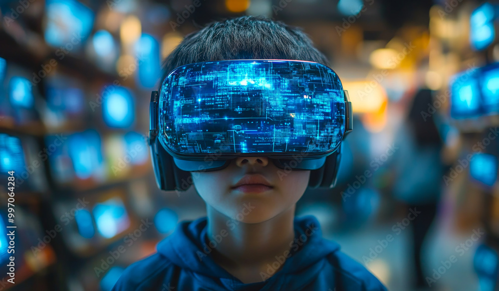 A young boy wearing a virtual reality headset. The boy is looking at a screen with a blue background A young boy wearing a virtual reality headset. The boy is looking at a screen with a blue background