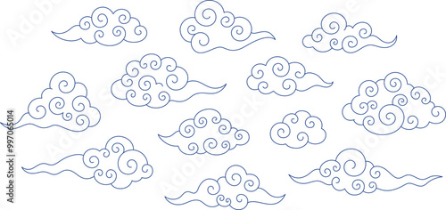 Traditional Chinese or Japanese clouds with spiral swirls. Oriental motif design element set. Vector clip art illustration. Editable line.