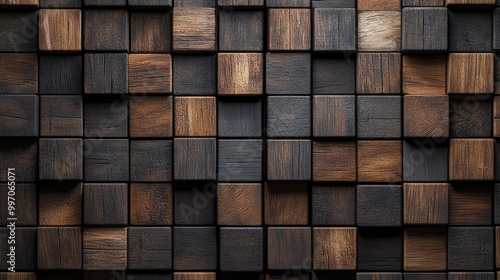 Modern Wood Block Wall Decor with Arabesque Tile Pattern in Light & Dark Timber. Abstract Geometric Background. 3D Render