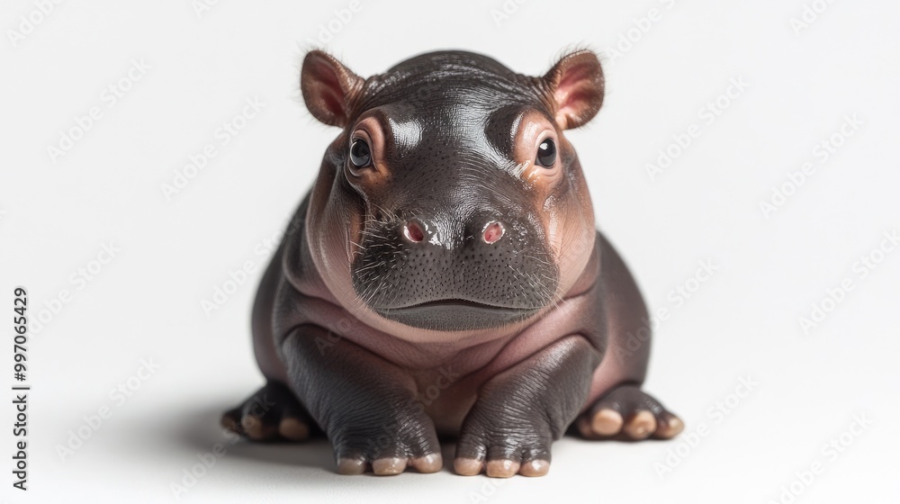 Adorable baby hippo sitting with its tiny legs tucked underneath, big round eyes and soft wrinkles on its skin. Set against a clean white background for a playful, charming look. Adorable baby hippo sitting with its tiny legs tucked underneath, big round eyes and soft wrinkles on its skin. Set against a clean white background for a playful, charming look.
