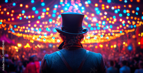 A man in a top hat stands in front of a crowd of people. The image is a bright and colorful scene, with a lot of lights and a festive atmosphere