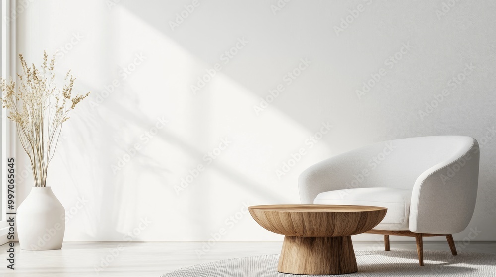 Minimalist Scandinavian Living Room with White Armchair and Wooden Coffee Table Minimalist Scandinavian Living Room with White Armchair and Wooden Coffee Table