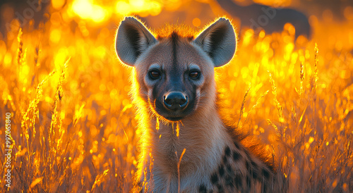 A baby hyena is sitting in tall grass with the sun shining on it. The scene is peaceful and serene